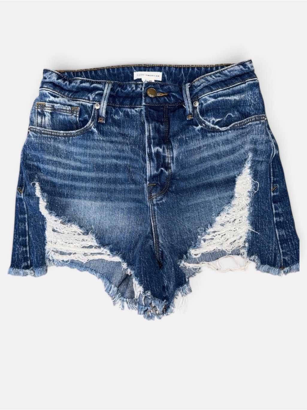 Good American Bombshell Denim Shorts Size 2 26 High Rise Distressed Raw Hem